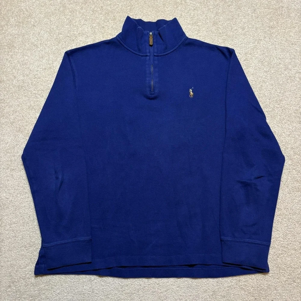 Polo Ralph Lauren Sweater Mens Large Blue Estate Rib 1/4 Zip Pullover Mock Neck